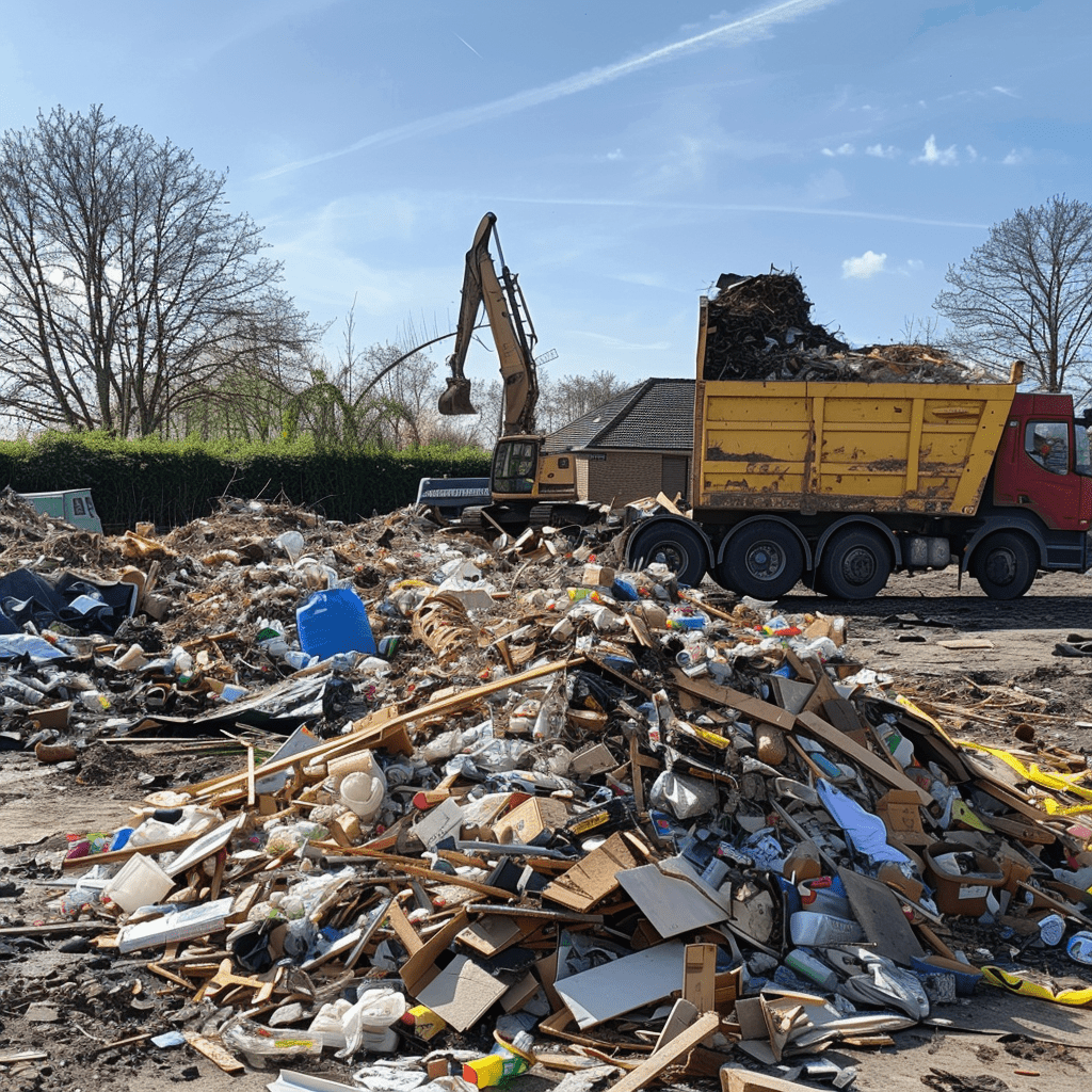 A dump truck is being loaded with a pile of trash.