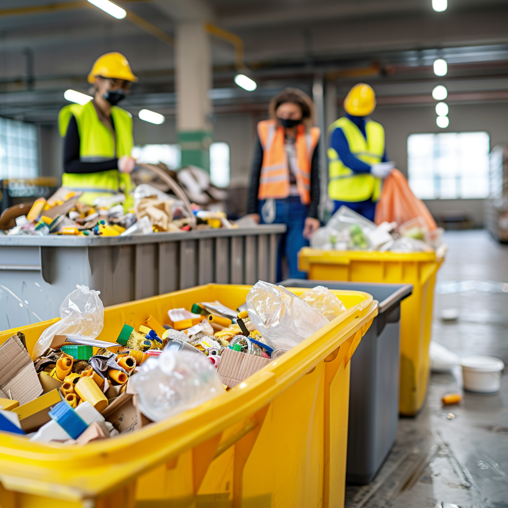 A group of people are standing around yellow bins filled with garbage.