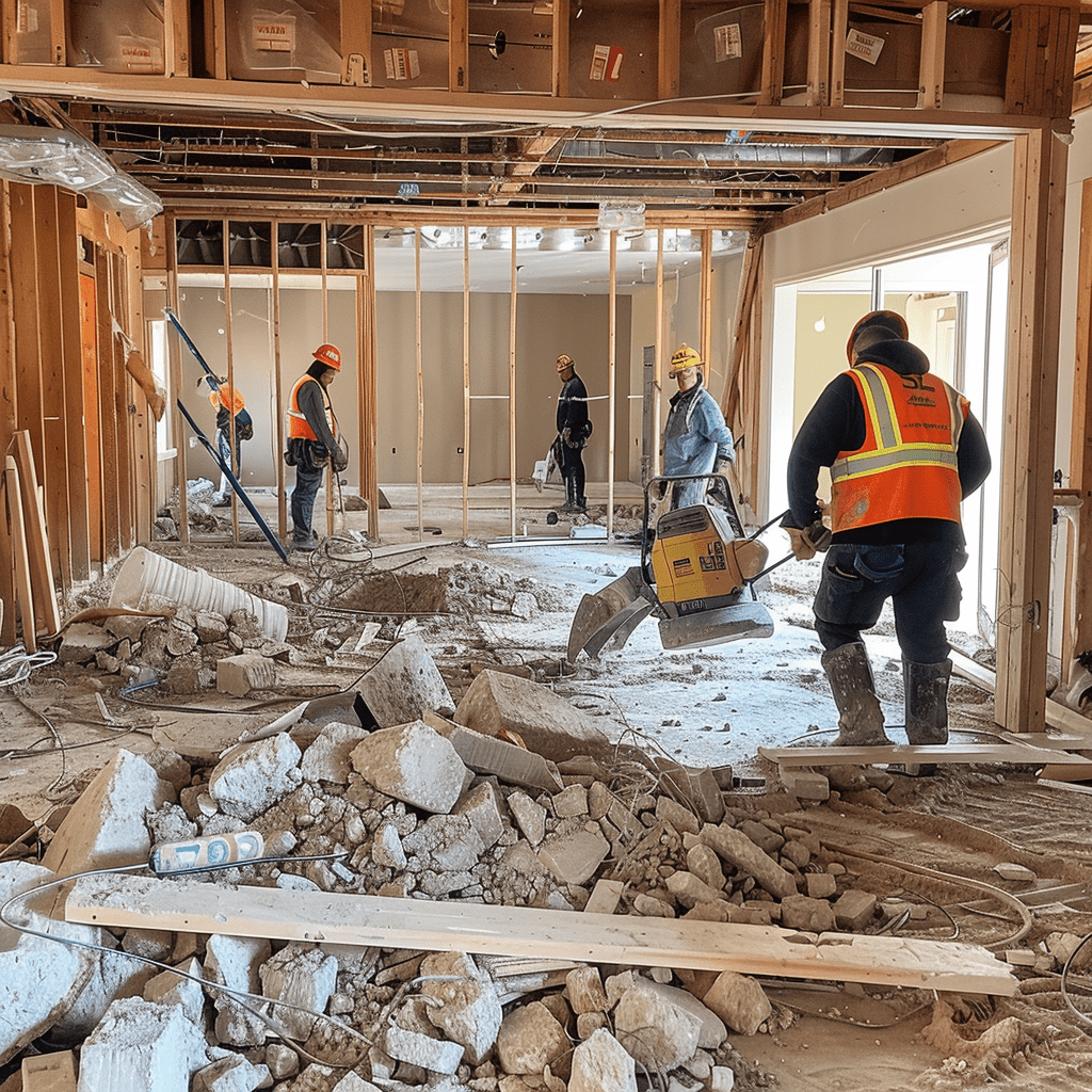 A group of construction workers are working on a building under construction.