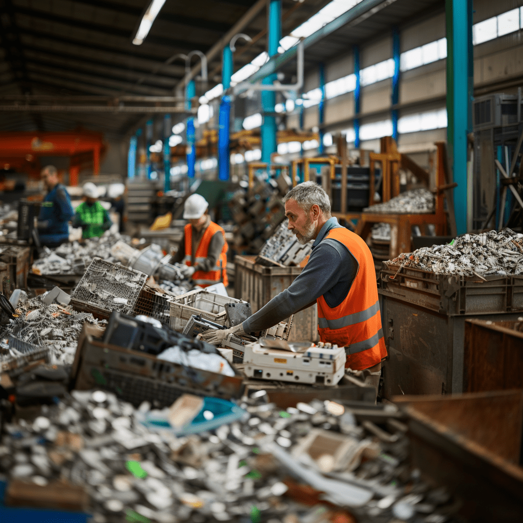 A man in an orange vest is working in a factory.