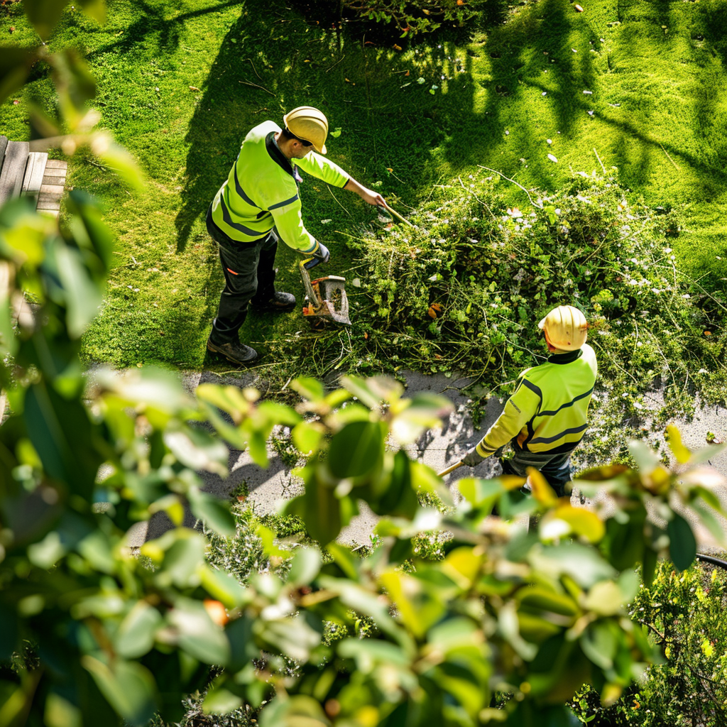 Two men are cutting a bush with a chainsaw in a garden.
