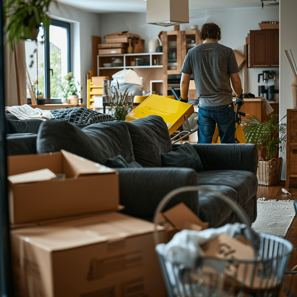 A man is standing in a living room surrounded by boxes.