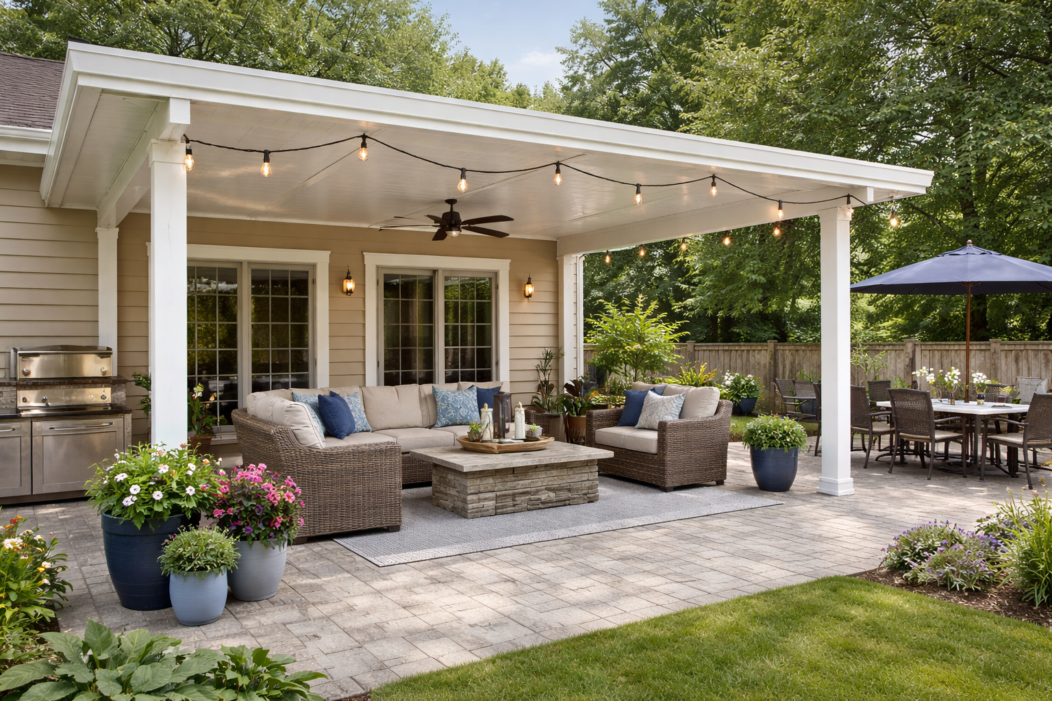 A patio with a table and chairs and an umbrella in front of a house