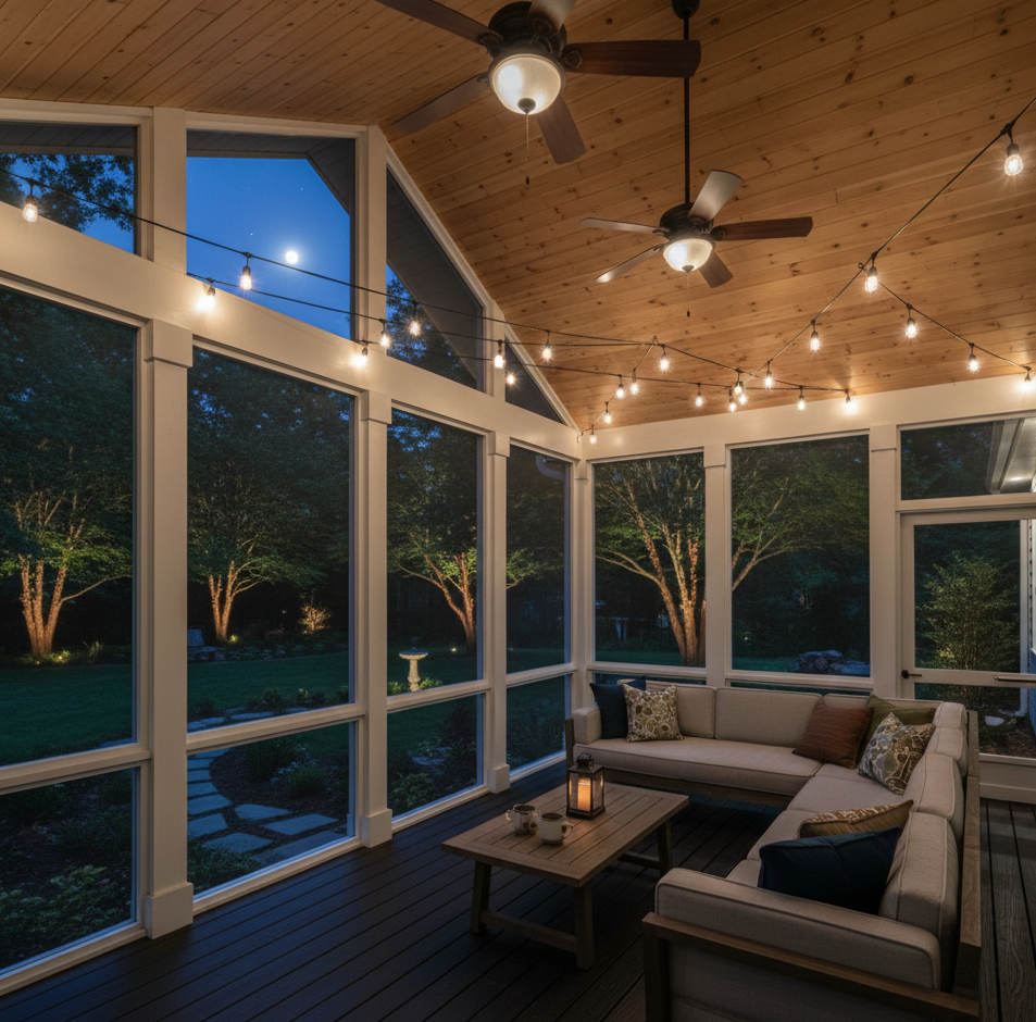 A small house with a sliding glass door in the backyard