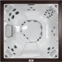 An aerial view of a hot tub in a wooden frame.