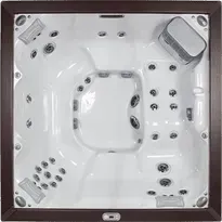 An aerial view of a hot tub with a wooden frame.