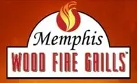 The logo for memphis wood fire grills has a flame on it.
