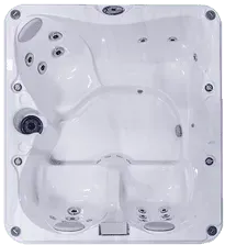 An aerial view of a white hot tub on a white background.