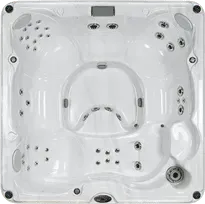 A white hot tub with a display on the top of it.