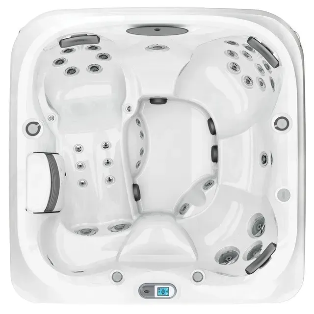 An aerial view of a white hot tub on a white background