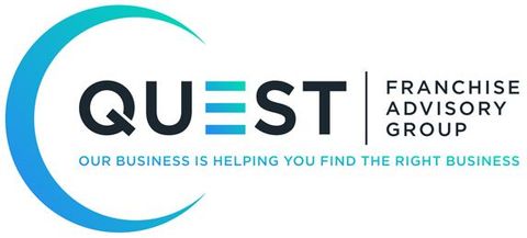 Logo for Quest Franchise Advisory Group with a blue and teal crescent around the word