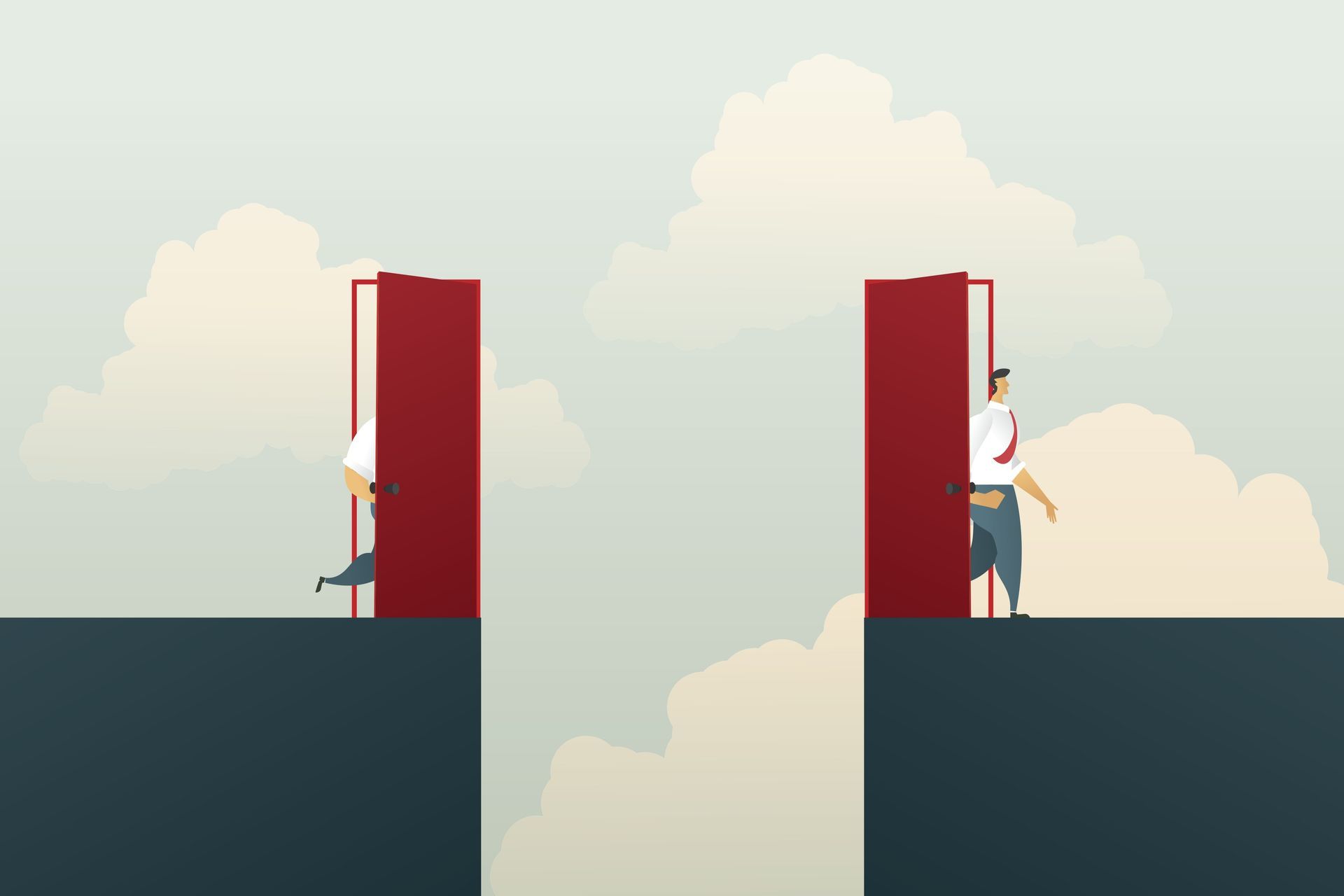 A person entering a door, shown in two separate doors with a gap in between.