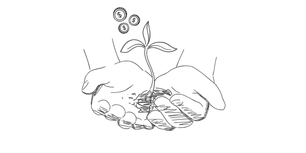 Hands cupping soil, nurturing a seedling. Coins are floating above the plant.