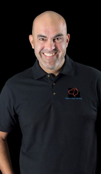 A bald man wearing a black polo shirt with a cd logo on it