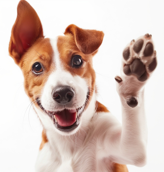 A brown and white dog is waving its paw at the camera.