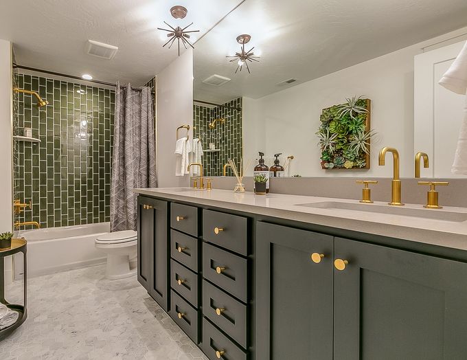 A Bathroom with Two Sinks, a Shower, and a Large Mirror — Clifton, NJ — New Alp Construction