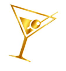 A gold-toned graphic of a martini glass containing an olive on a cocktail pick against a plain white background.