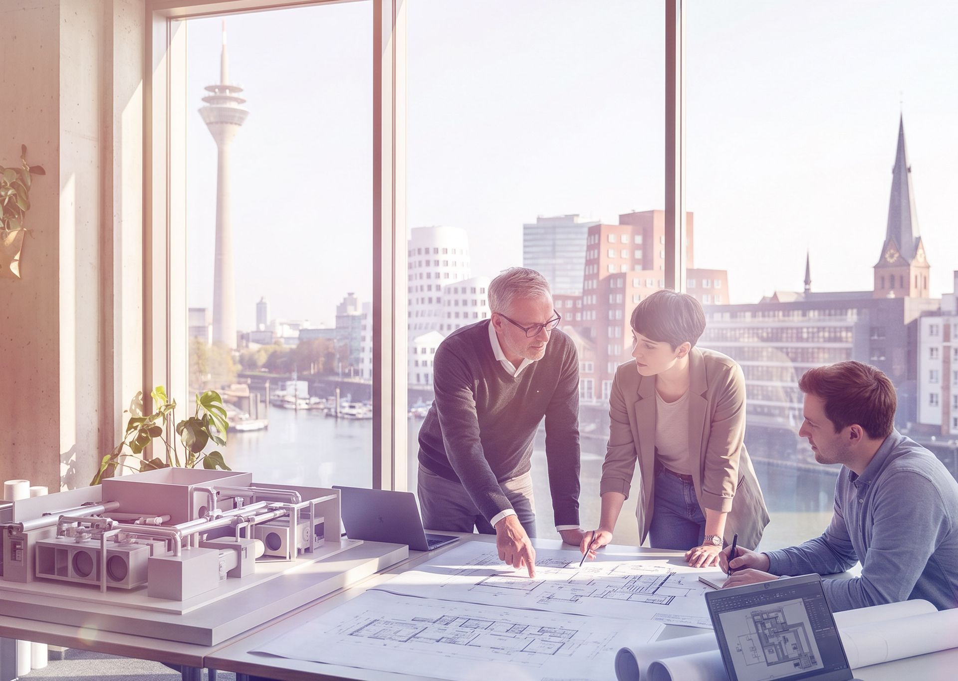 Drei Personen prüfen Architekturpläne in einem hellen Büro mit Stadtblick. Bild mit KI erstellt