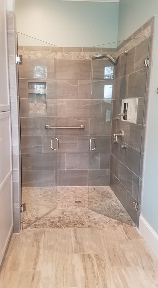 french glass shower doors - charcoal grey tiling