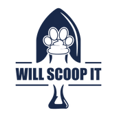 Navy blue shovel with paw print poop, text "WILL SCOOP IT."