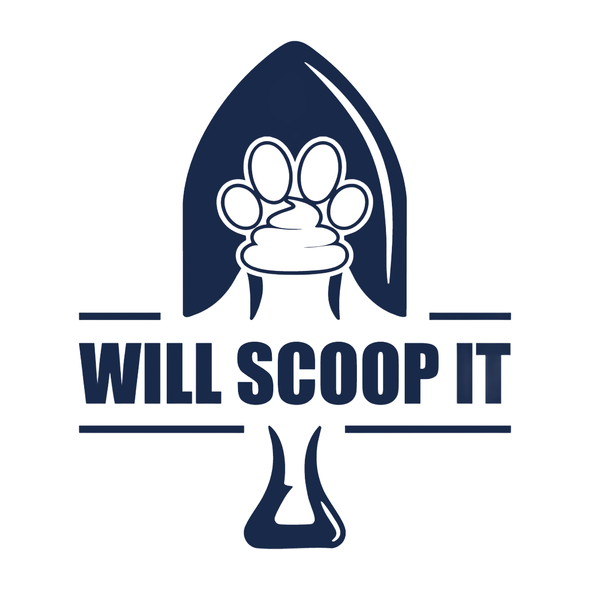 Navy blue shovel with paw print poop, text "WILL SCOOP IT."