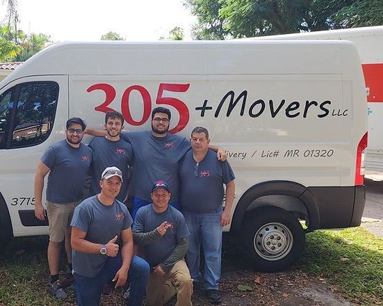 A group of men are posing in front of a 305 + movers van.