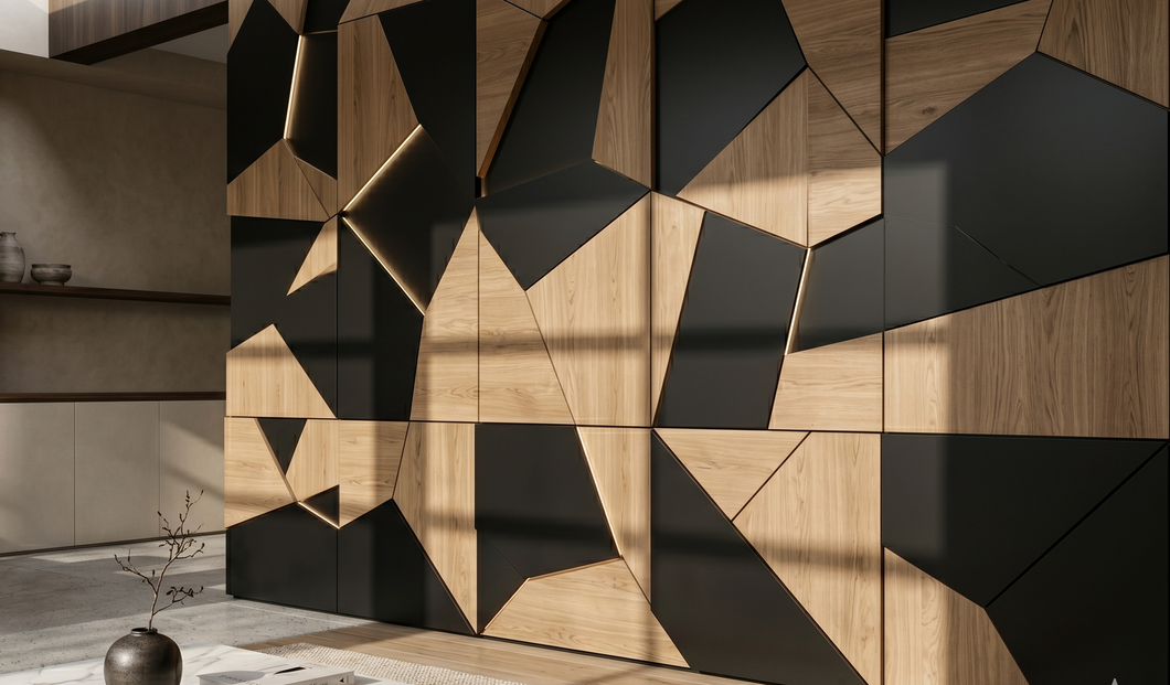 Geometric wooden wall panels with black triangular accents in a modern interior