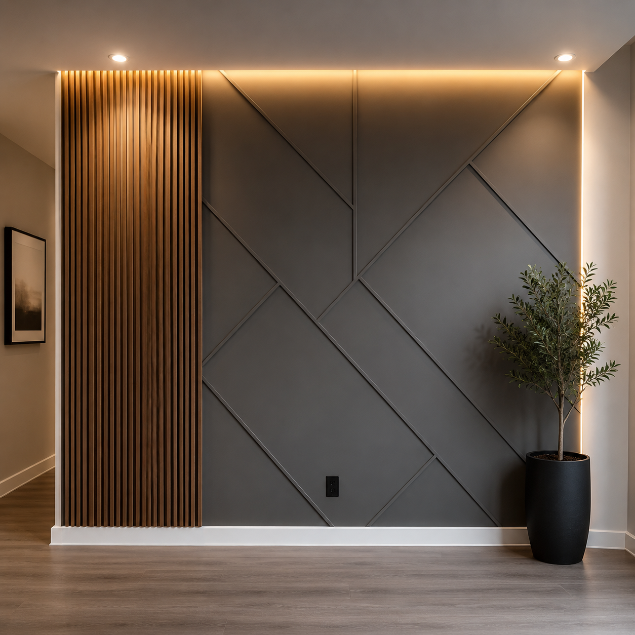 Modern hallway with gray geometric accent wall, vertical wood slats, warm lighting, and a potted tree
