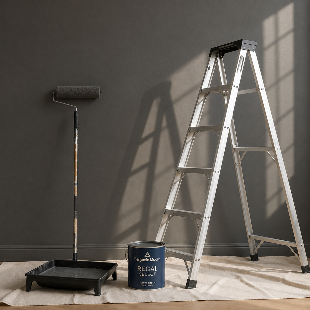 Painting supplies and stepladder in a room with a white wall and hardwood floor