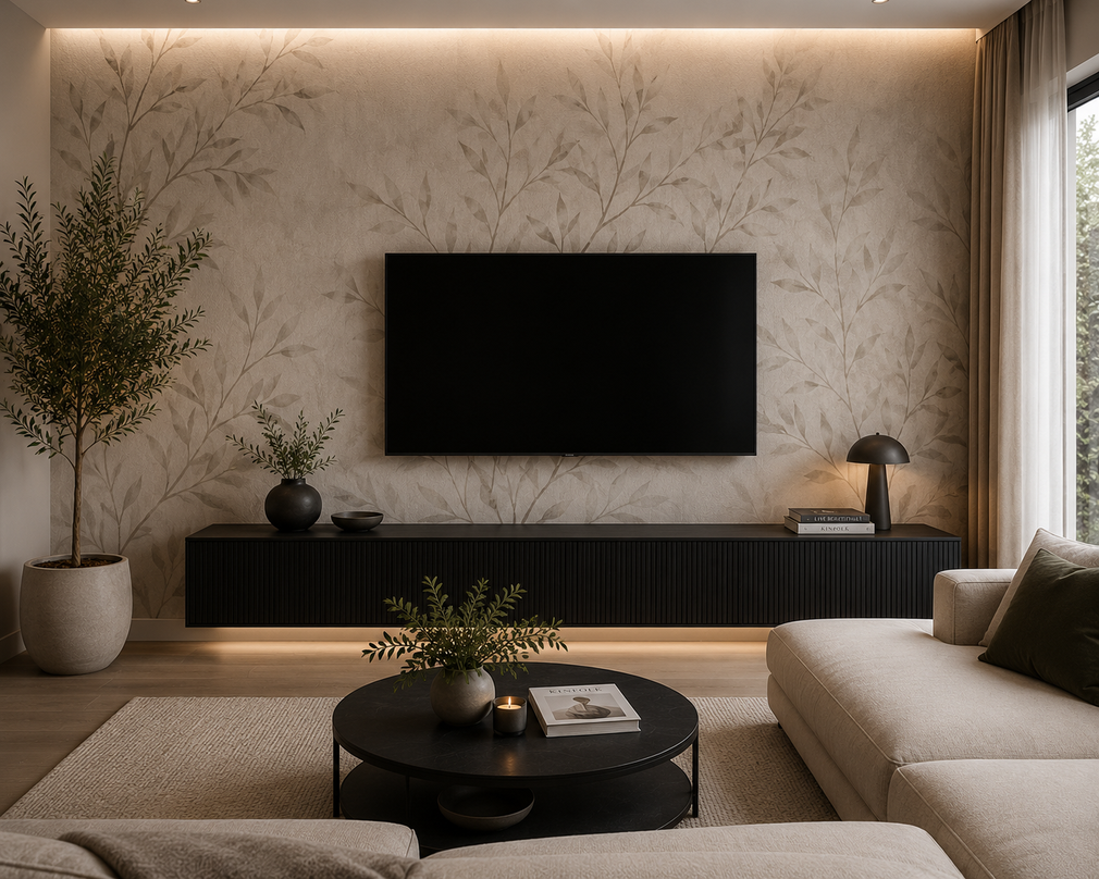 Living room with blue patterned wallpaper, gray chair, side table, plants, and light wood floors