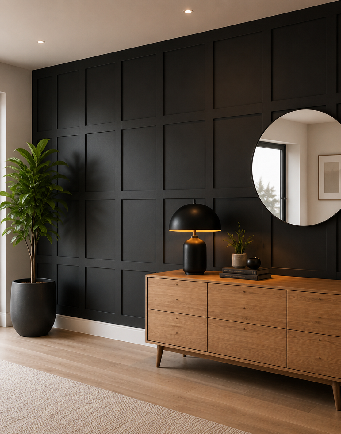 Modern living room with matte black paneled wall, wooden dresser, round mirror, and potted plant