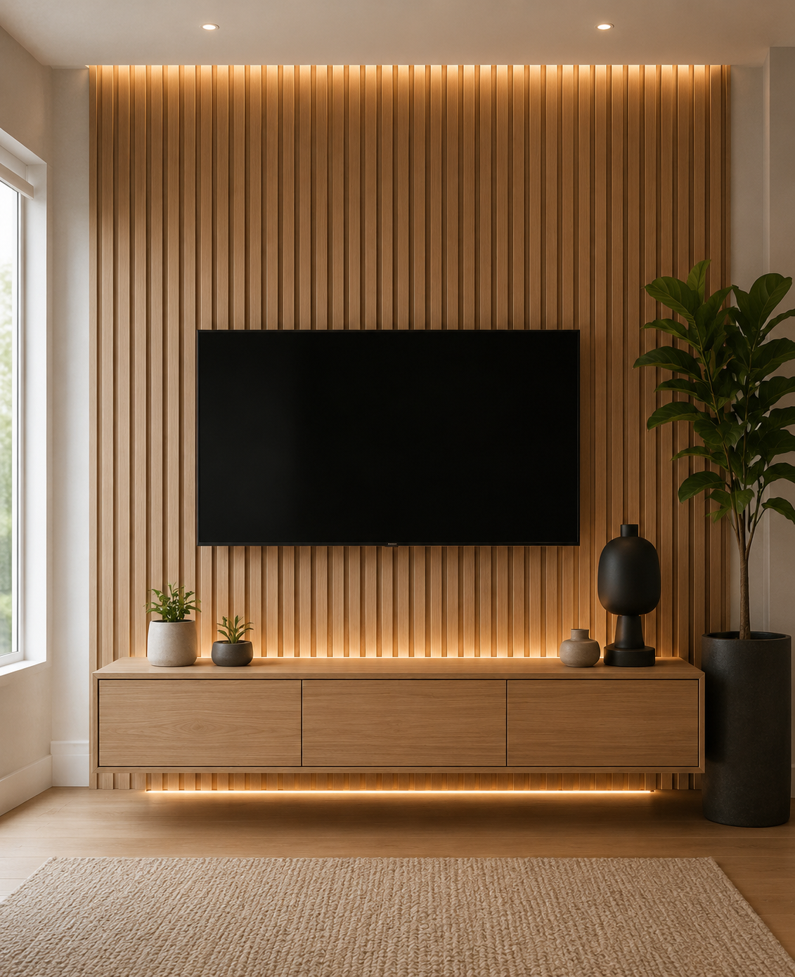 Modern living room with wall-mounted TV, wood slat accent wall, warm lighting, and a console with decor.