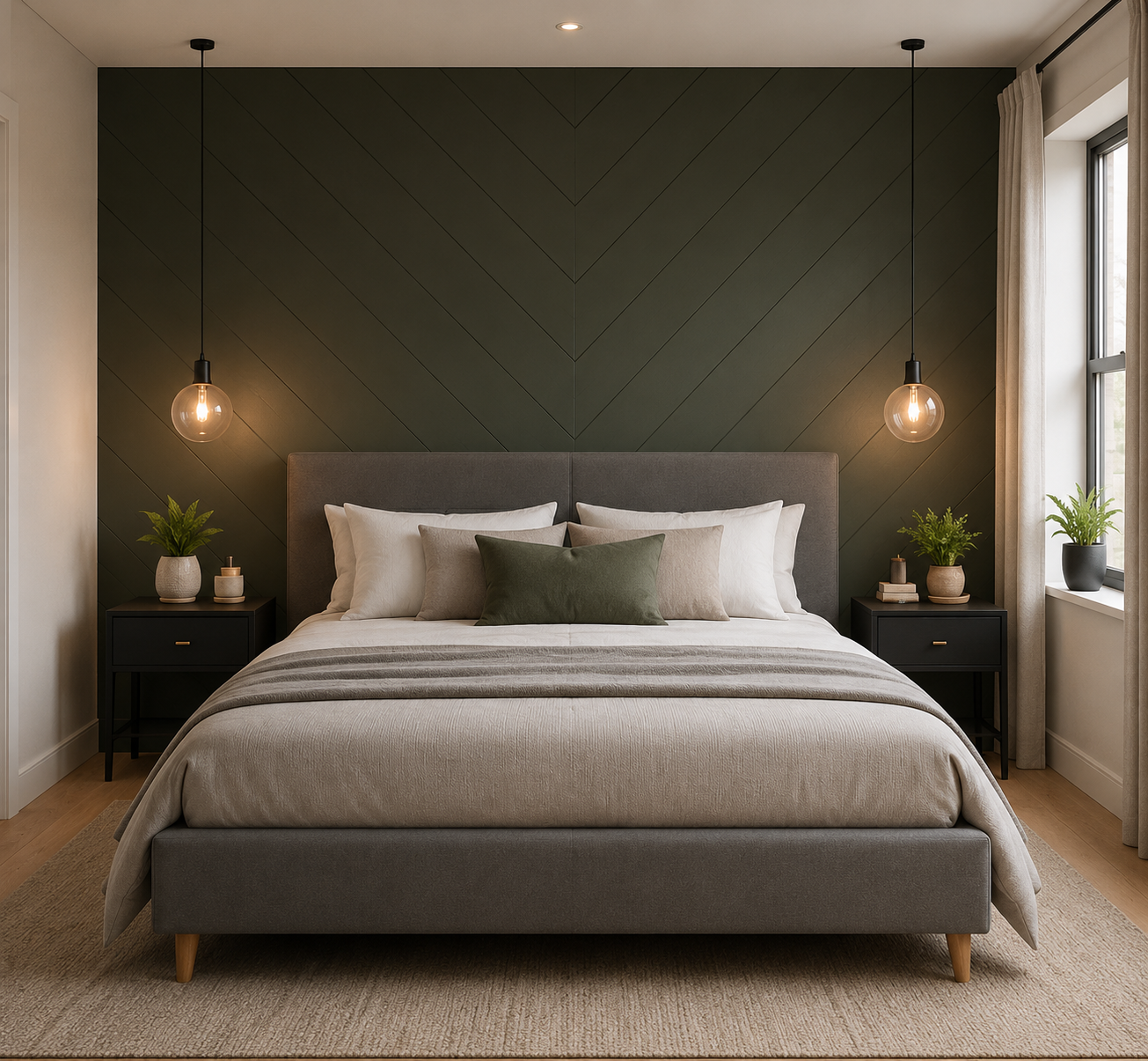 Modern bedroom with a gray upholstered bed, dark green accent wall, pendant lights, and bedside tables.