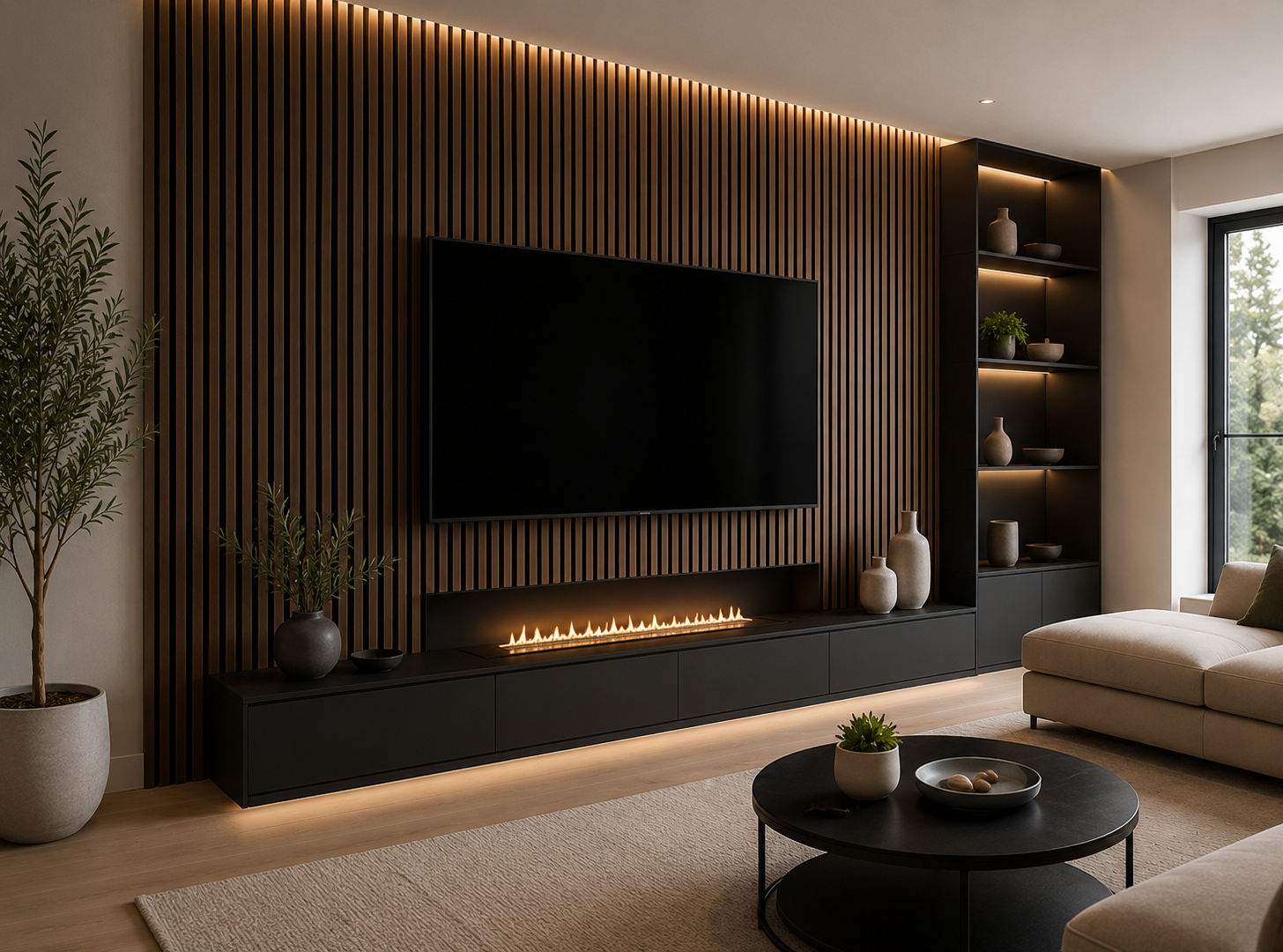 Modern living room with a wall-mounted TV, linear fireplace, vertical wood slats, and beige sofa
