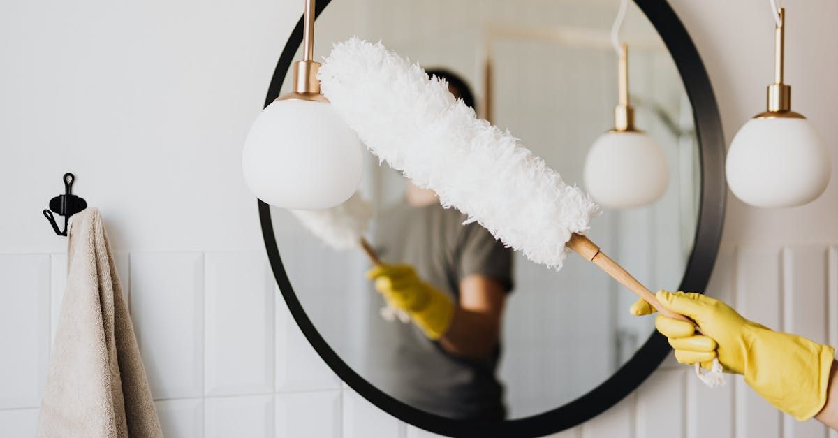 A person is cleaning a bathroom mirror with a duster.