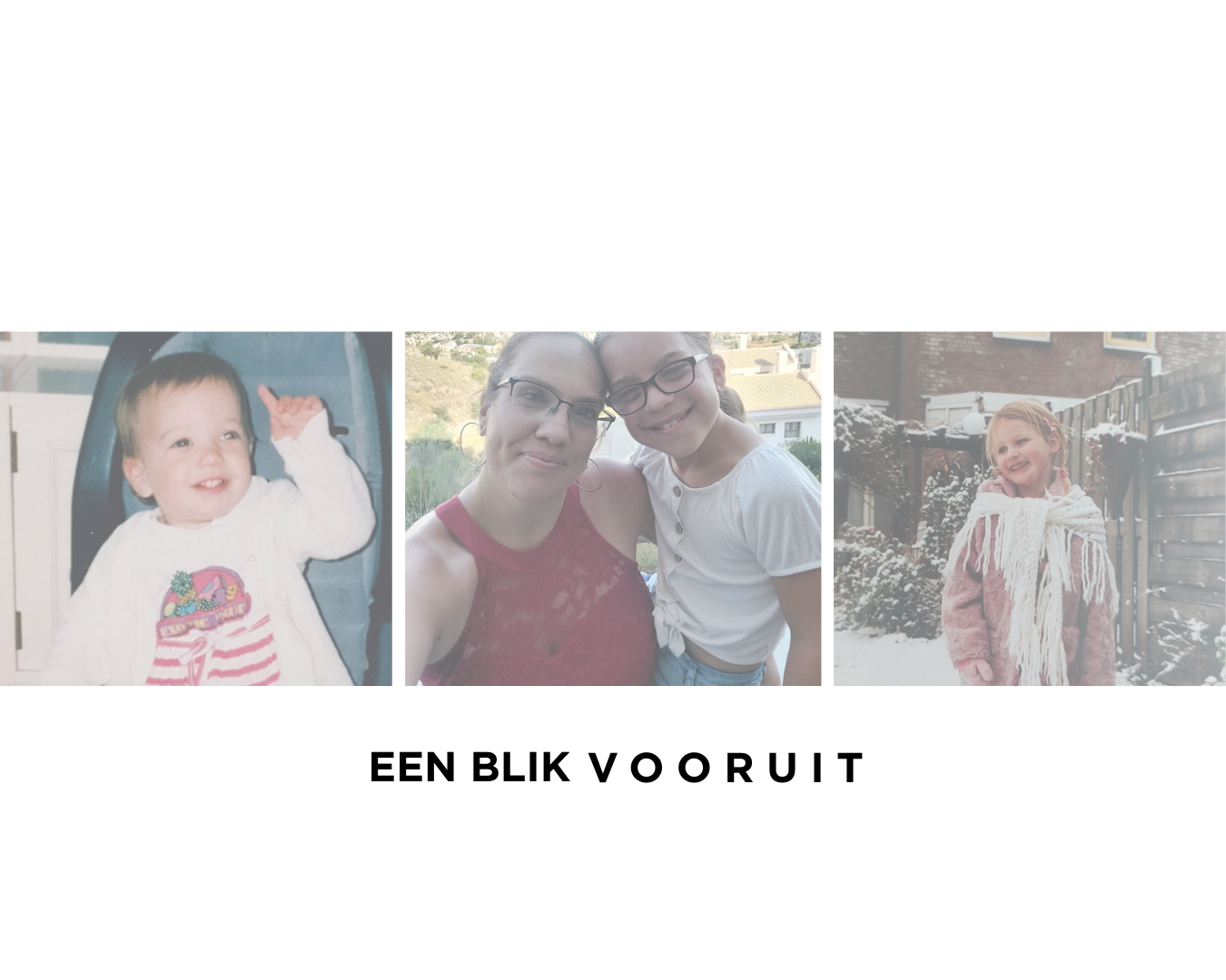 3 verschllende foto's met een lachende peuter die haar vinger naar de lucht wijst, een moeder met haar 2 kinderen en een klein meisje lachend in de sneeuw met een dikke jas