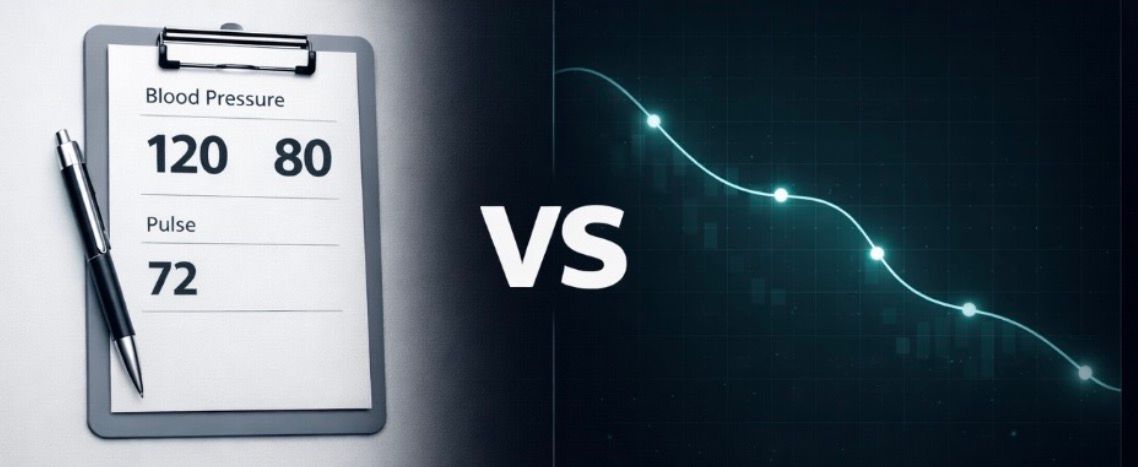 A clipboard with blood pressure and pulse readings vs. a downward-trending line graph on a dark background.