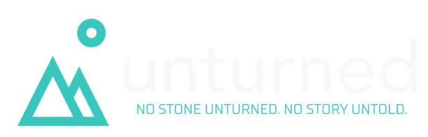 White Unturned logo with turquoise mountain icon and text