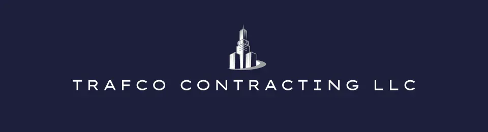 Trafco Contracting LLC logo with a white building icon on a dark blue background
