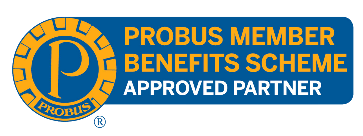 A blue and yellow logo that says probus member benefits scheme approved partner