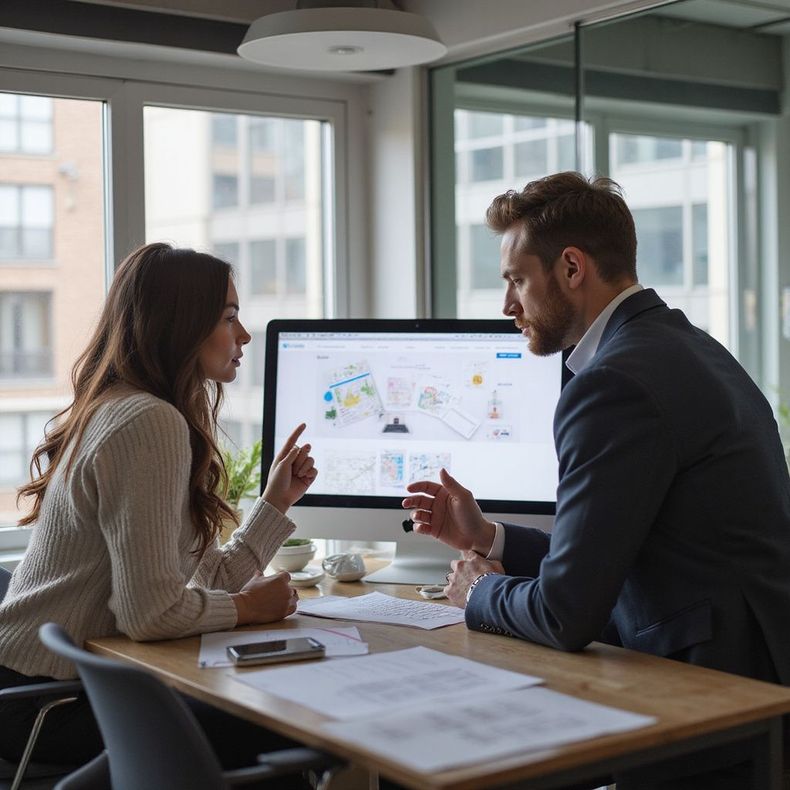 Woman and man at desk, pointing at computer screen with diagrams. Papers and a mug are on the desk.