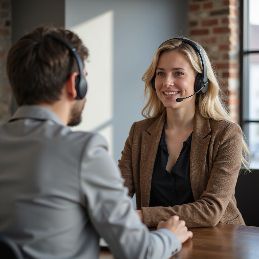Woman with headset smiles at man, both seated at a table, brick wall backdrop.