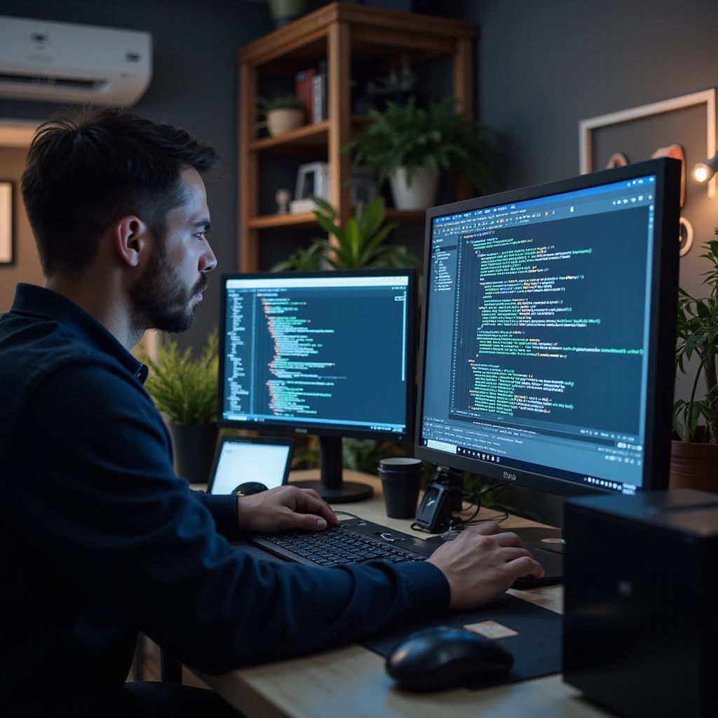 Man sitting at desk, coding on two computer monitors in a home office with plants.
