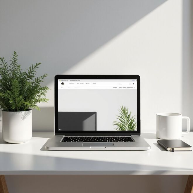 Laptop on a white desk with a plant and a mug. The laptop screen displays a modern website with a minimal design.