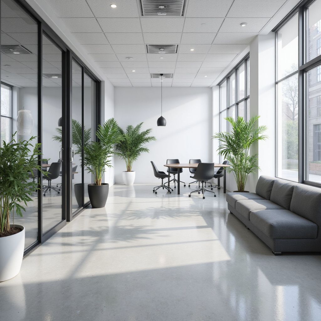 Modern office hallway with glass walls, potted plants, and a meeting area.