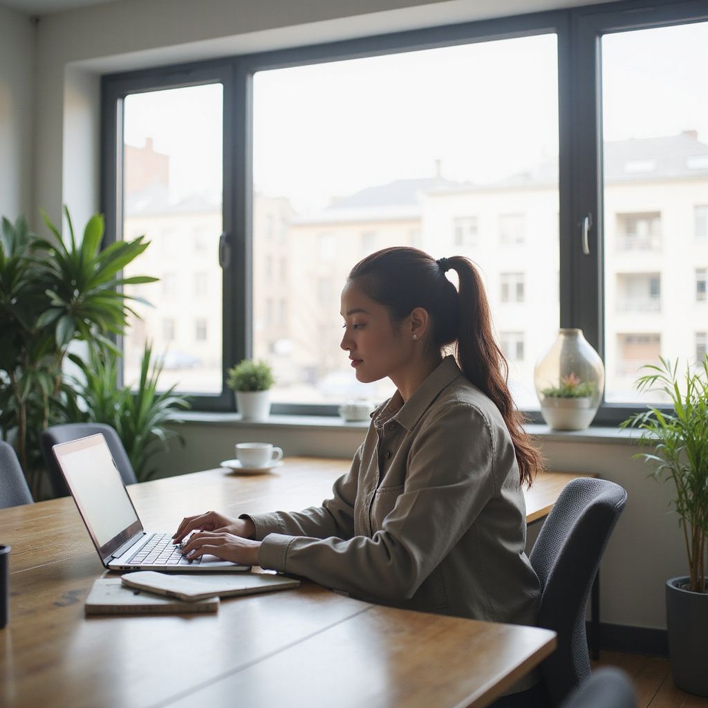 Woman typing on a laptop at a table in a well-lit room, plants and a window in the background.