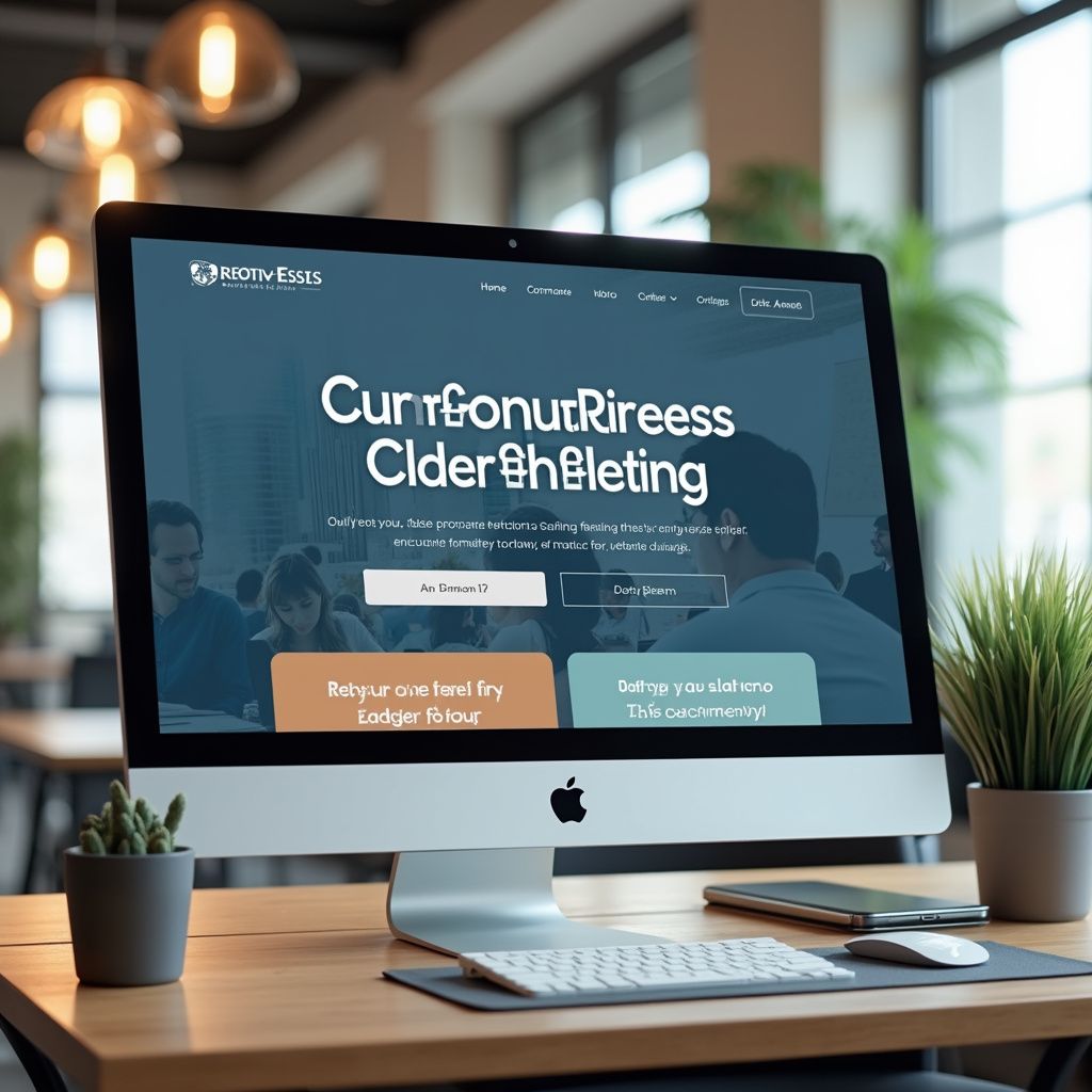 Desktop computer displaying a website, with the text 