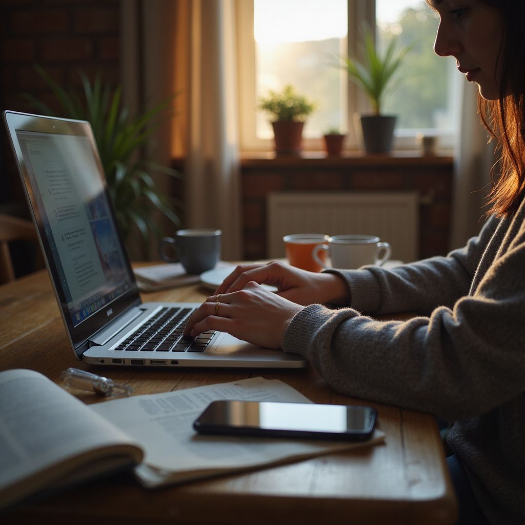 Woman typing on laptop at wooden table, near open book and smartphone, with window in background.