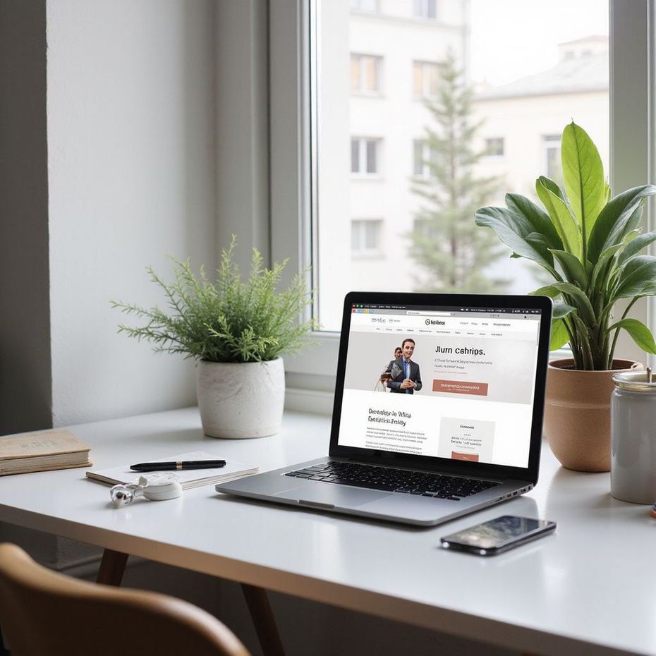 Laptop on desk with website, plants in pots by window.