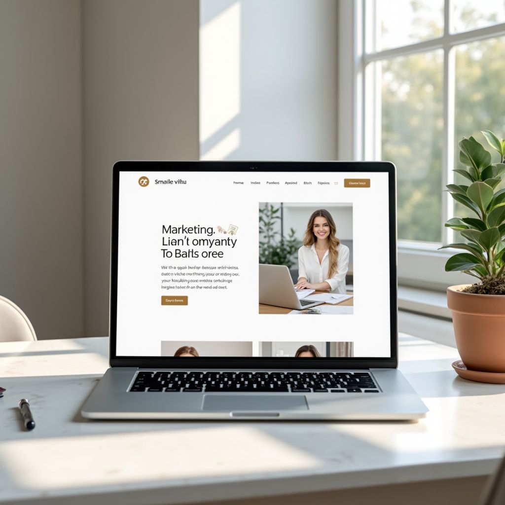 Laptop displaying a website with a smiling woman, a potted plant, and a bright window.